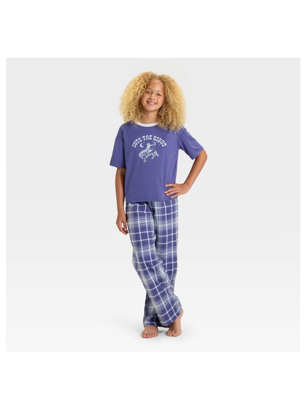 Girls' Cowboy Short Sleeve T-Shirt & Blue Plaid Flannel Pajama Pants Set